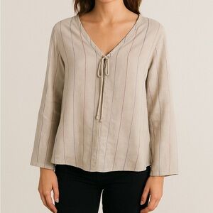 Neu‎ Nomad Tan Linen Striped V Neckline Blouse